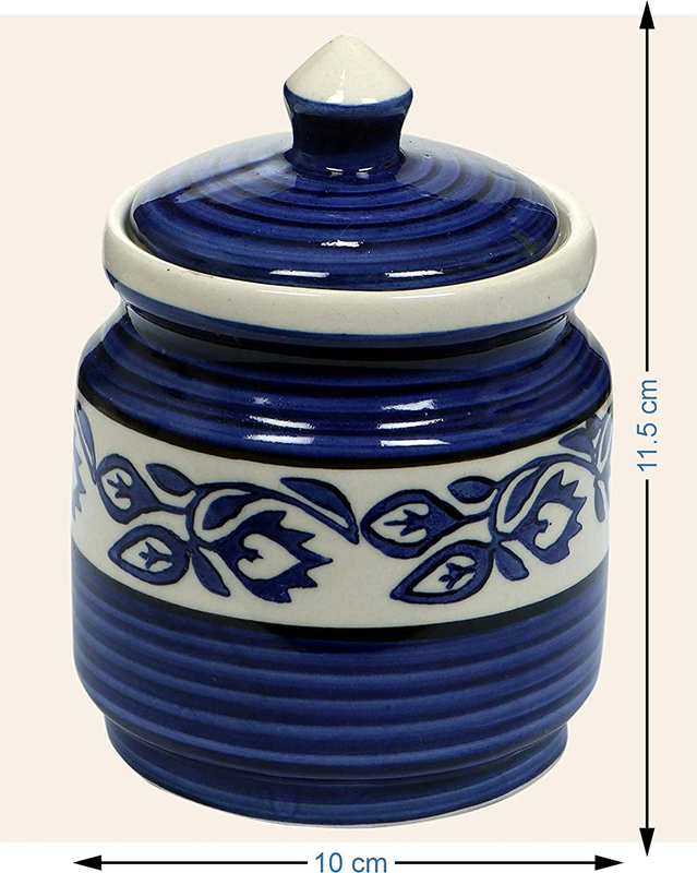 RAJ Royal Hand Painted Ceramic Cornichon Storage Jar for Pickle, Dry items White Pottery Dry Food Storage Container Donga with Lid For Kitchen, Home - Multipurpose Storage Canister (750 g, 1 Piece, Blue)