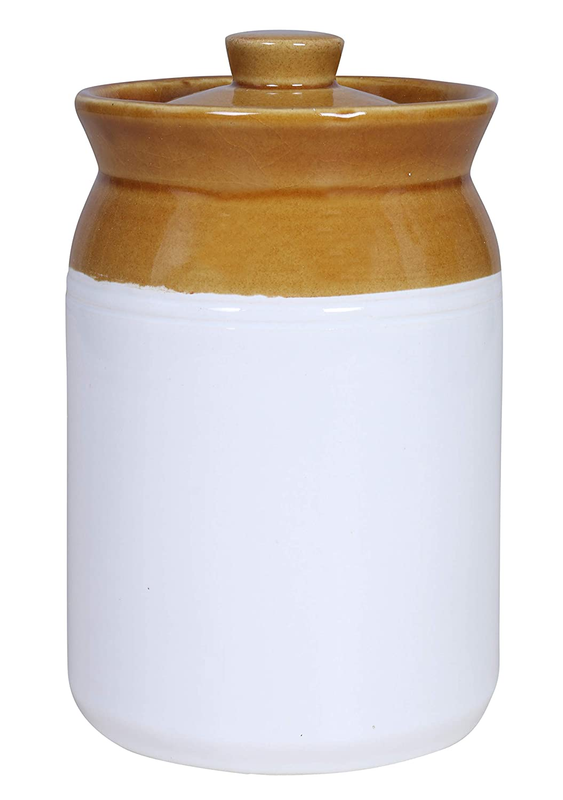 RAJ Royal Hand Painted Ceramic Cornichon Storage Jar for Pickle White Pottery Food Storage Jar with Lid For Kitchen, Home, Hotel, Restaurant, Achar Barni Set (Cream, 1 KG)