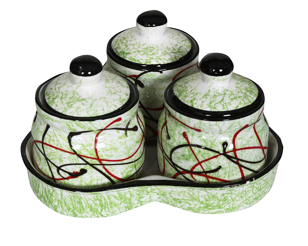 RAJ ROYAL Ceramic Food Storage Container Jar with Lid & Tray - Set of 3 Storage Canister - Green