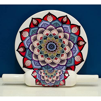 KUVI Printed White Marble Roti Maker with Wooden Belan Enamel Print/White Marble Chakla 10 Inch Diameter with Belan (Printed Enamel Chakla Belan) with Stand (Design 22)