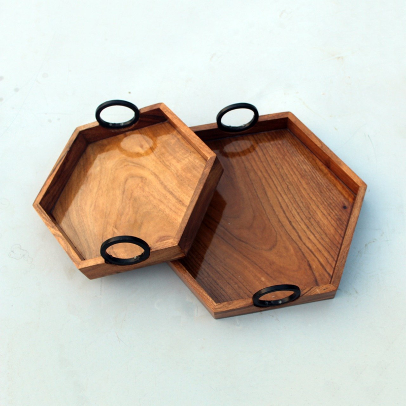 Serving Hexagon Tray Set of 2 with Iron Handle