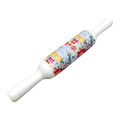KUVI Printed Wooden Belan Enamel Print Belan Rolling Pin for Kitchen Chapati Roti Roller Rolling Pin (Blue Floral)